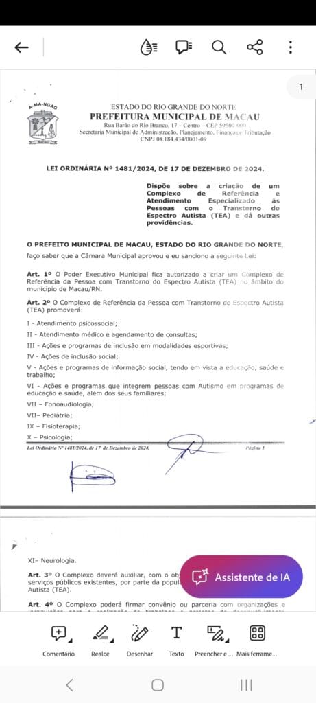 Screenshot_20241229_132035_Adobe-Acrobat-1-461x1024 PL DE INICIATIVA DO VEREADOR IRMÃO WILSON BORGES - AGORA É LEI! Complexo de Referência da Pessoa com Transtorno do Espectro Autista (TEA) no âmbito de nosso município Macau/RN.